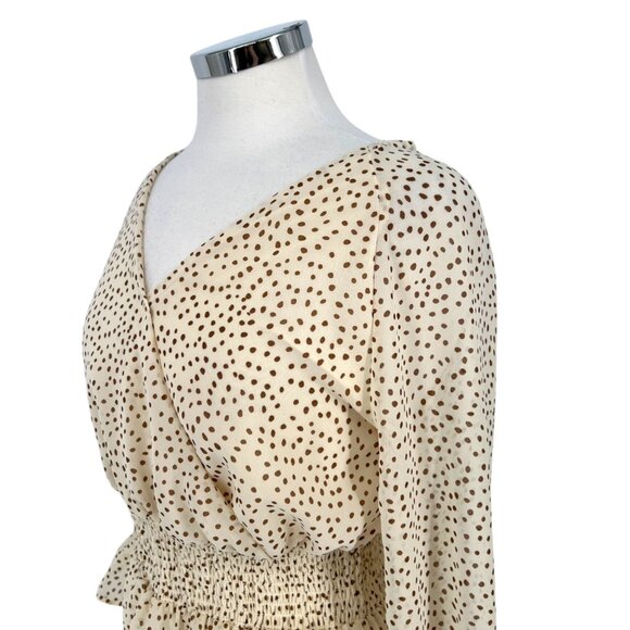 Japna Polka Dot Faux Wrap Blouse Smocked Waist Cream Beige Size Medium - Picture 4 of 8